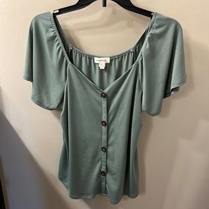 Monteau Gray/Green Button Down Blouse with Oversized Sleeves